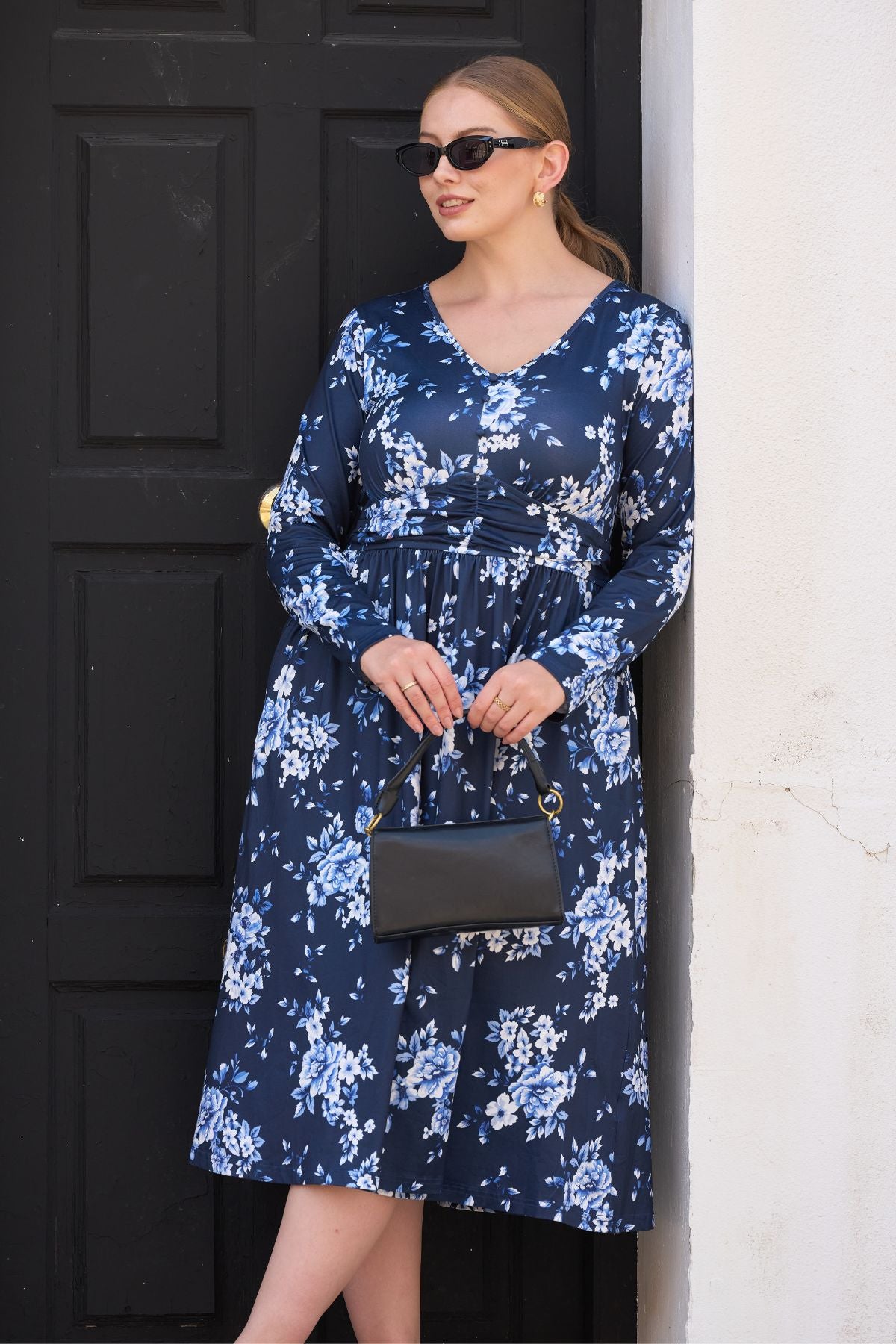 Botanical Print Long-Sleeve V-Neck Smocked Midi Dress