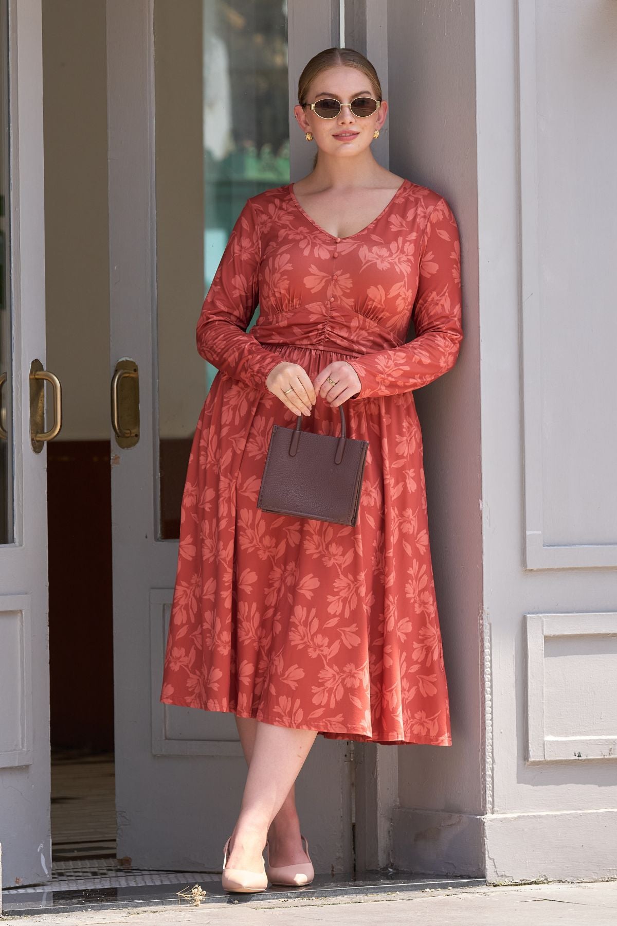 Botanical Print Long-Sleeve V-Neck Smocked Midi Dress