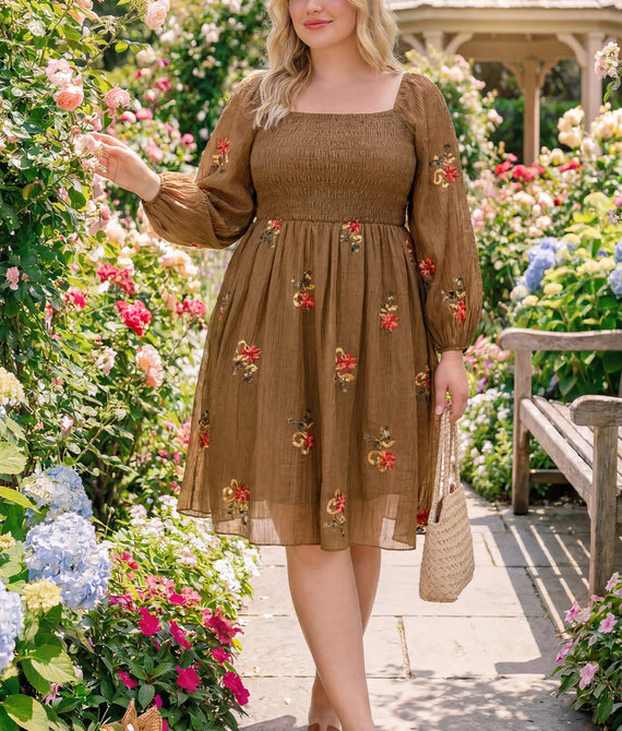 Embroidered Floral Shirred Square Neck A-line Midi Dress