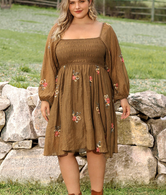Embroidered Floral Shirred Square Neck A-line Midi Dress