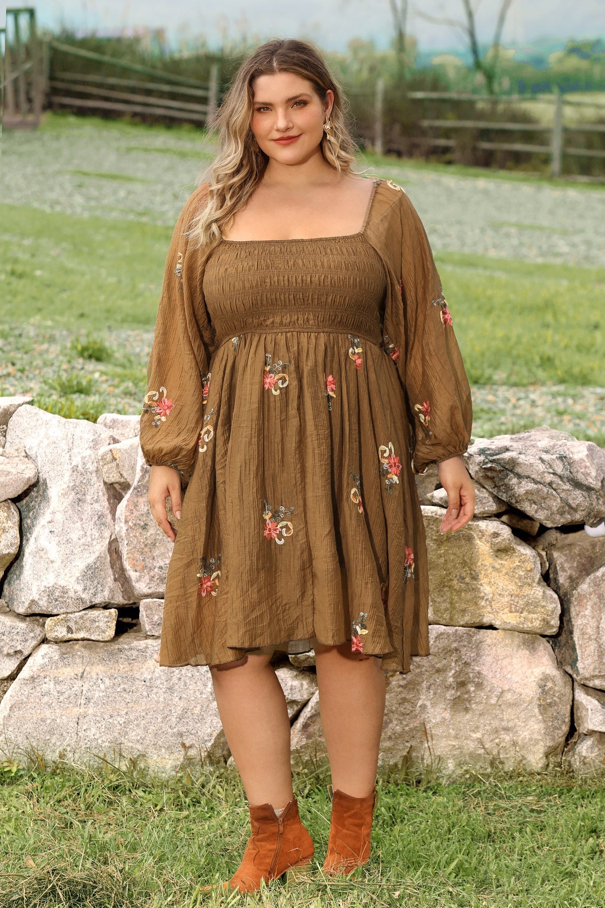 Embroidered Floral Shirred Square Neck A-line Midi Dress