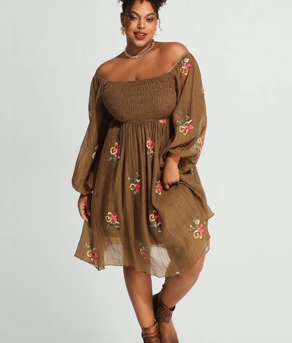 Embroidered Floral Shirred Square Neck A-line Midi Dress