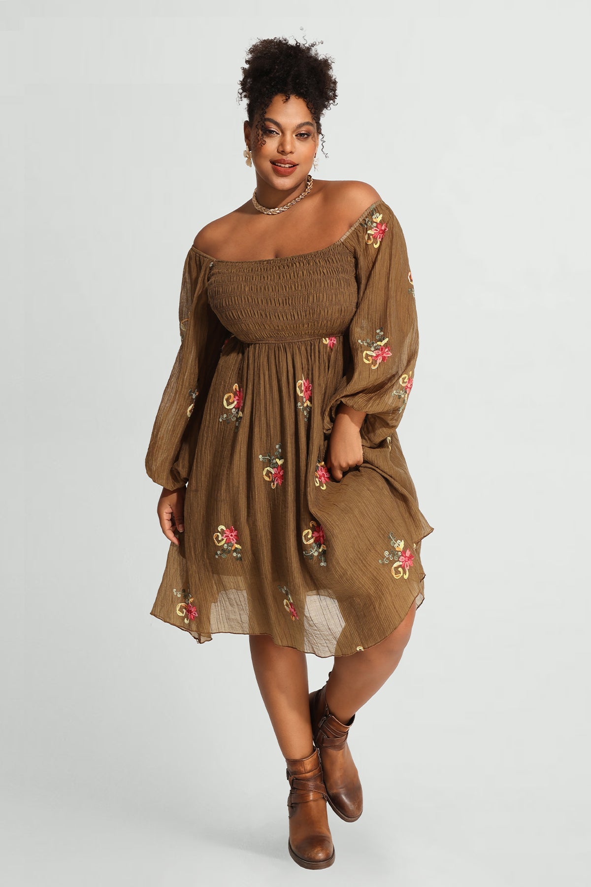 Embroidered Floral Shirred Square Neck A-line Midi Dress