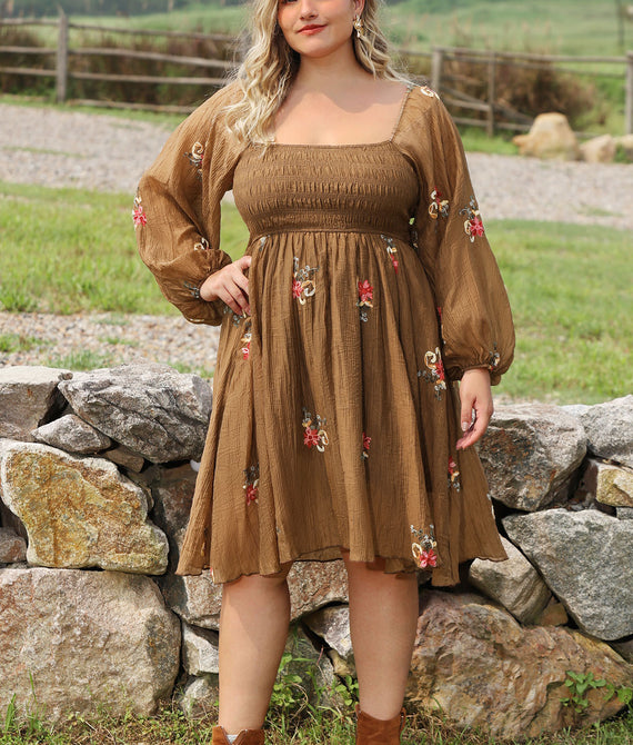 Embroidered Floral Shirred Square Neck A-line Midi Dress