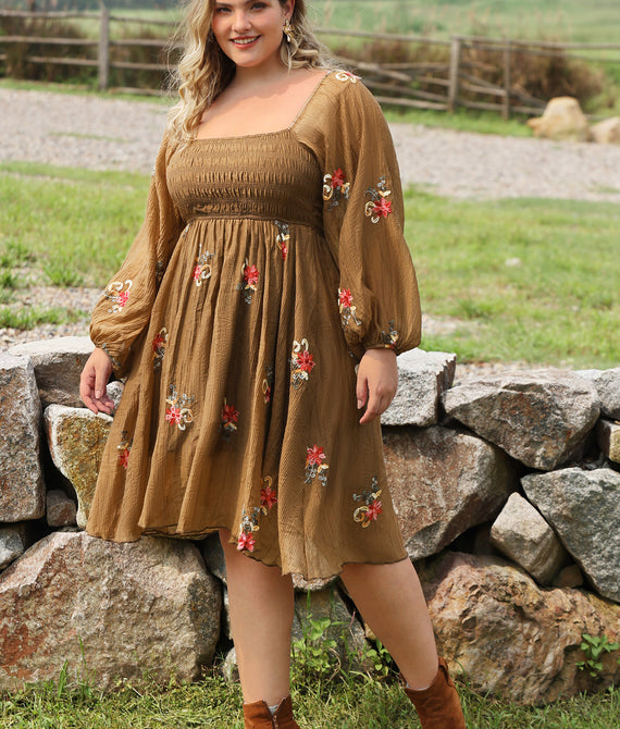 Embroidered Floral Shirred Square Neck A-line Midi Dress