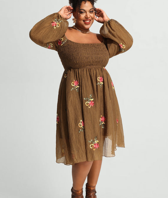 Embroidered Floral Shirred Square Neck A-line Midi Dress