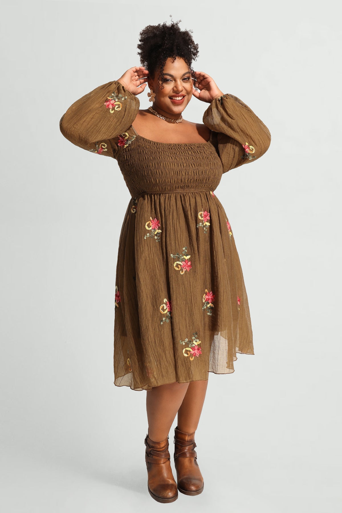 Embroidered Floral Shirred Square Neck A-line Midi Dress