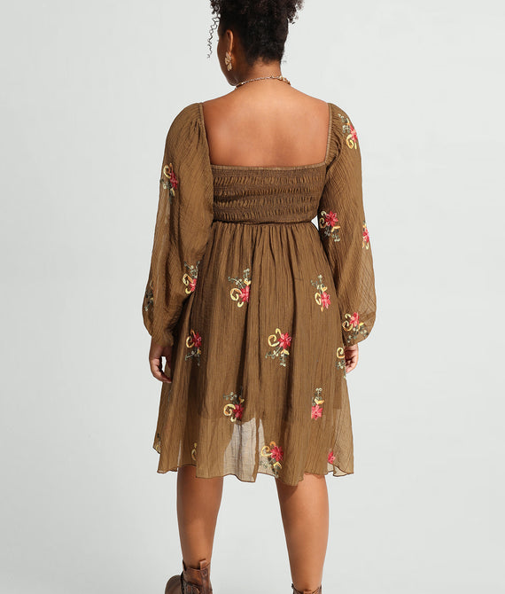 Embroidered Floral Shirred Square Neck A-line Midi Dress