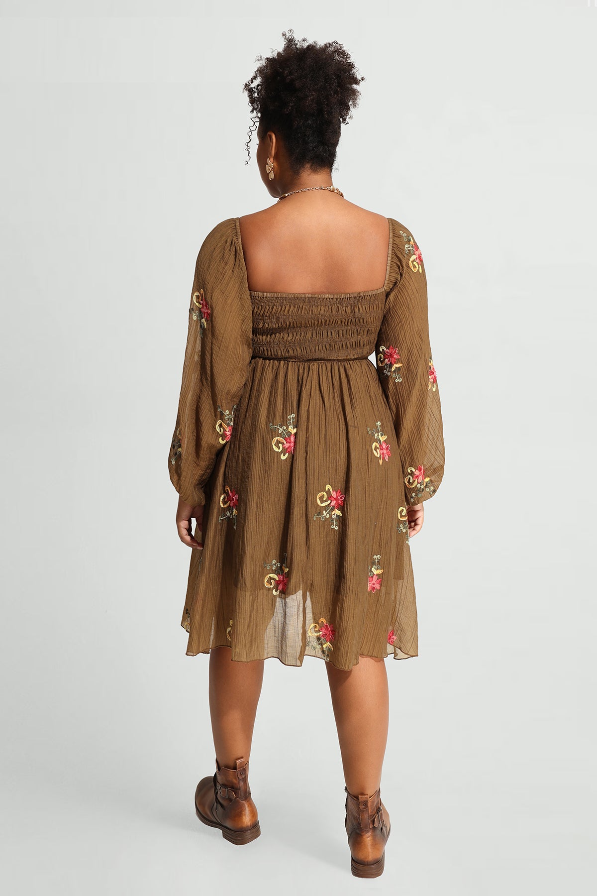 Embroidered Floral Shirred Square Neck A-line Midi Dress