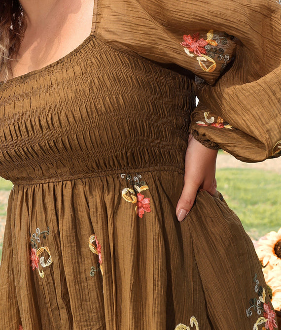 Embroidered Floral Shirred Square Neck A-line Midi Dress