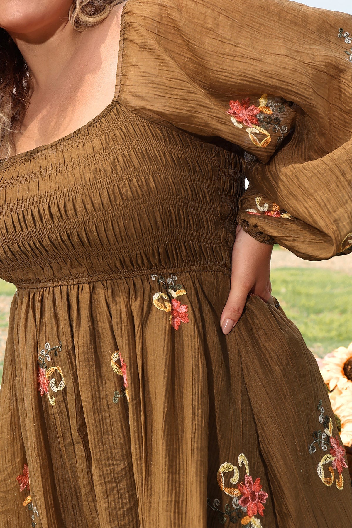 Embroidered Floral Shirred Square Neck A-line Midi Dress