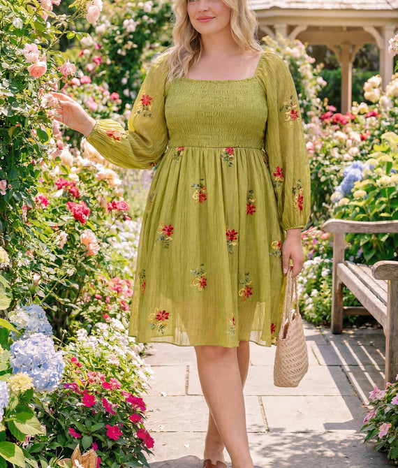 Embroidered Floral Shirred Square Neck A-line Midi Dress