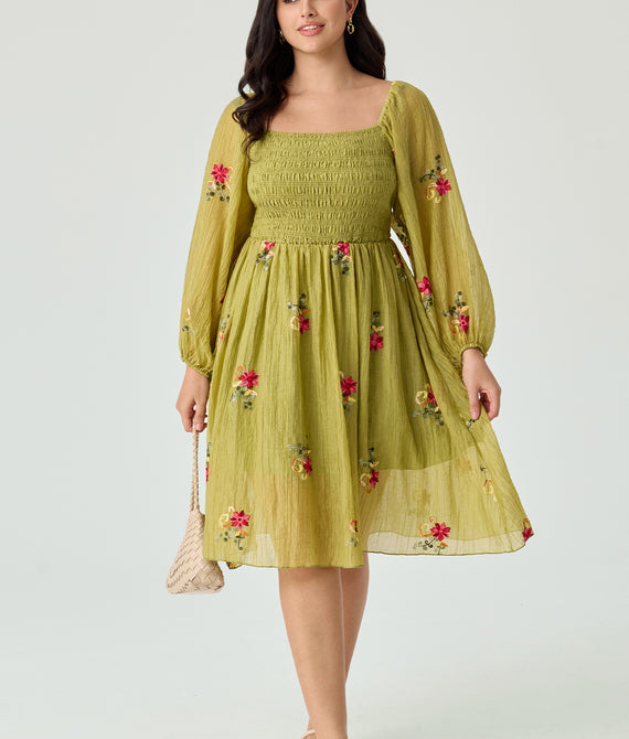 Embroidered Floral Shirred Square Neck A-line Midi Dress
