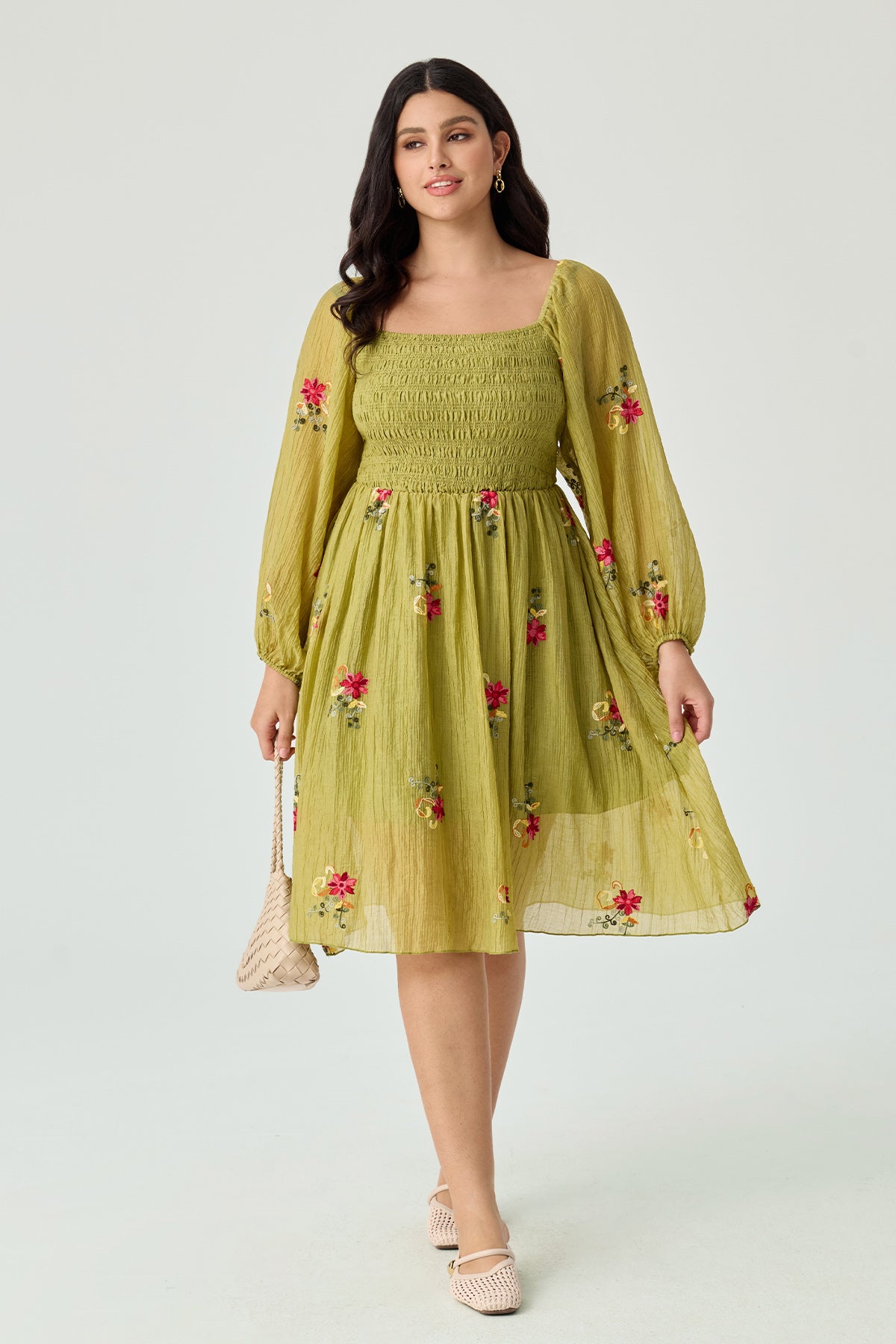 Embroidered Floral Shirred Square Neck A-line Midi Dress