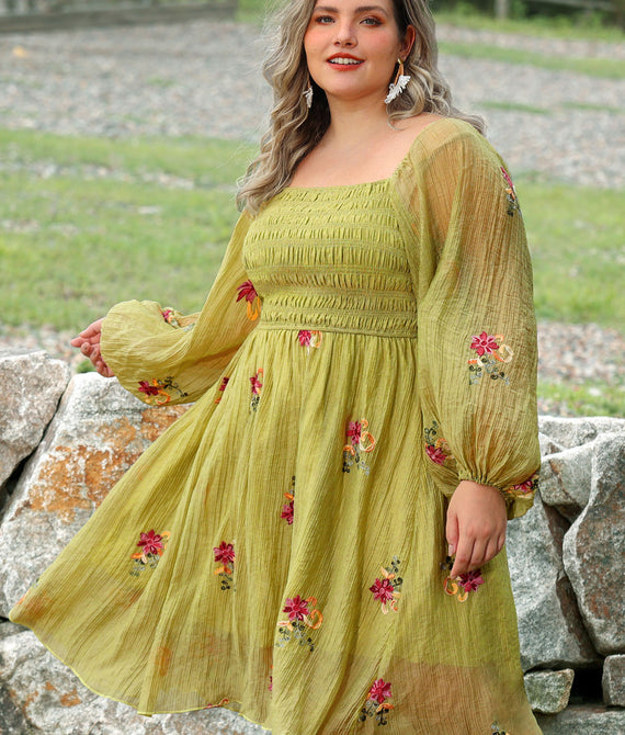 Embroidered Floral Shirred Square Neck A-line Midi Dress