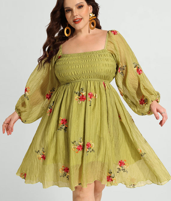 Embroidered Floral Shirred Square Neck A-line Midi Dress