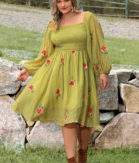 Embroidered Floral Shirred Square Neck A-line Midi Dress