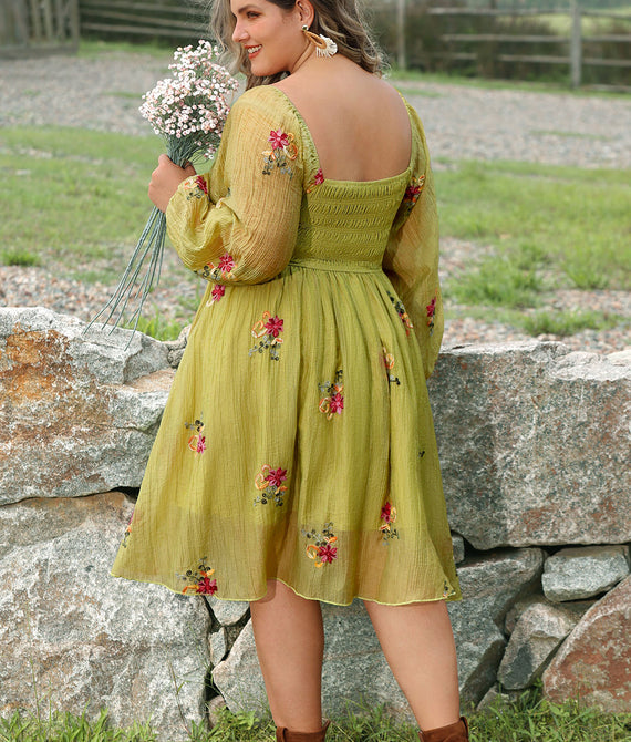 Embroidered Floral Shirred Square Neck A-line Midi Dress