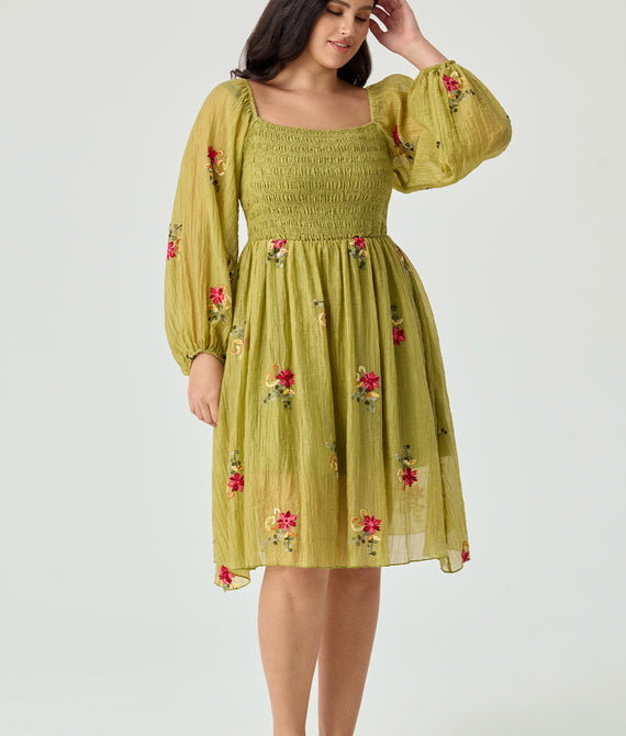 Embroidered Floral Shirred Square Neck A-line Midi Dress