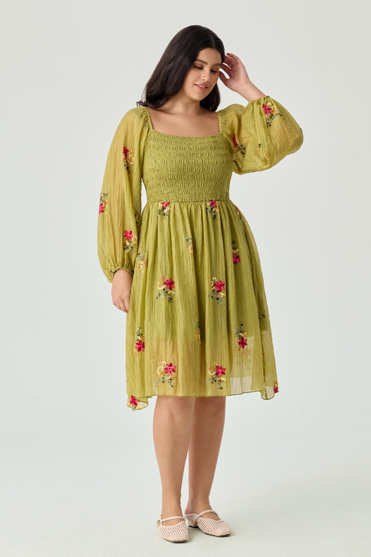 Embroidered Floral Shirred Square Neck A-line Midi Dress
