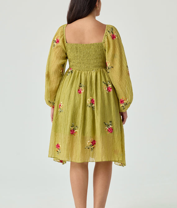 Embroidered Floral Shirred Square Neck A-line Midi Dress