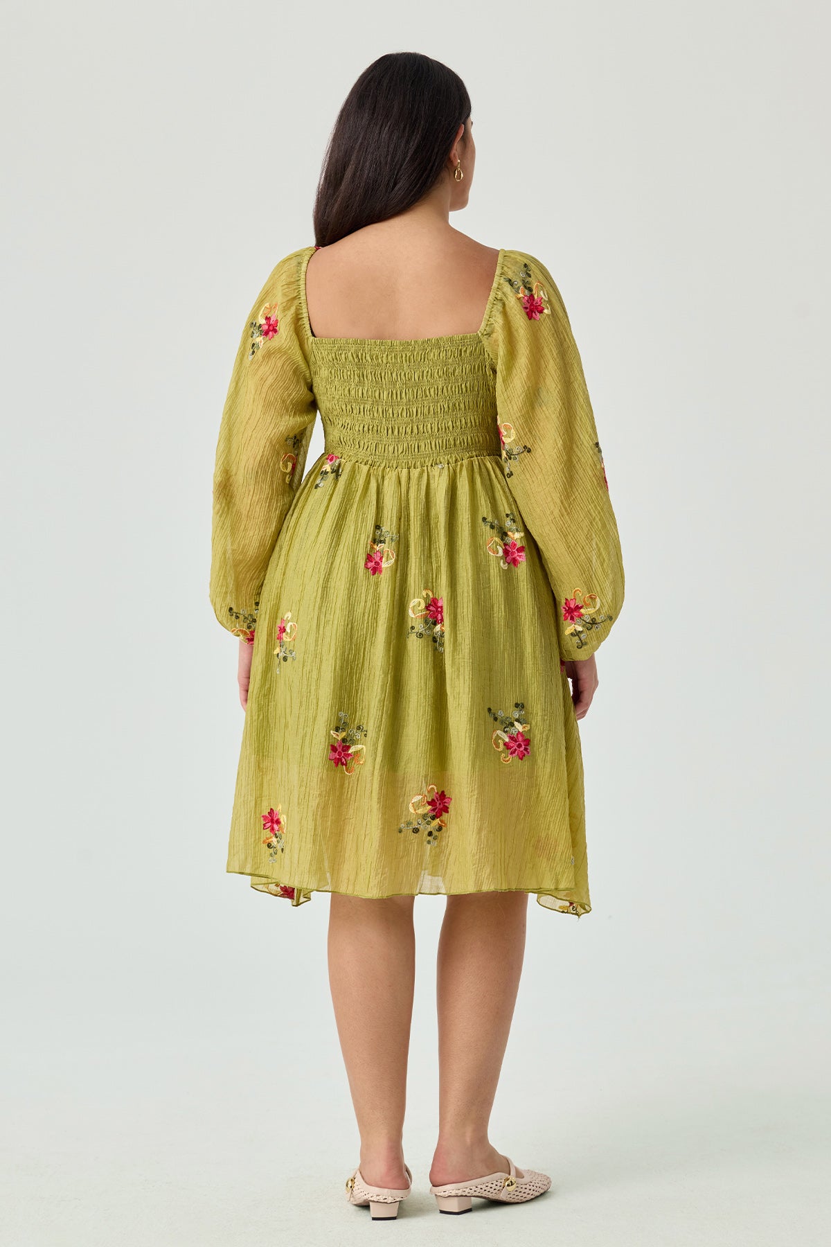 Embroidered Floral Shirred Square Neck A-line Midi Dress
