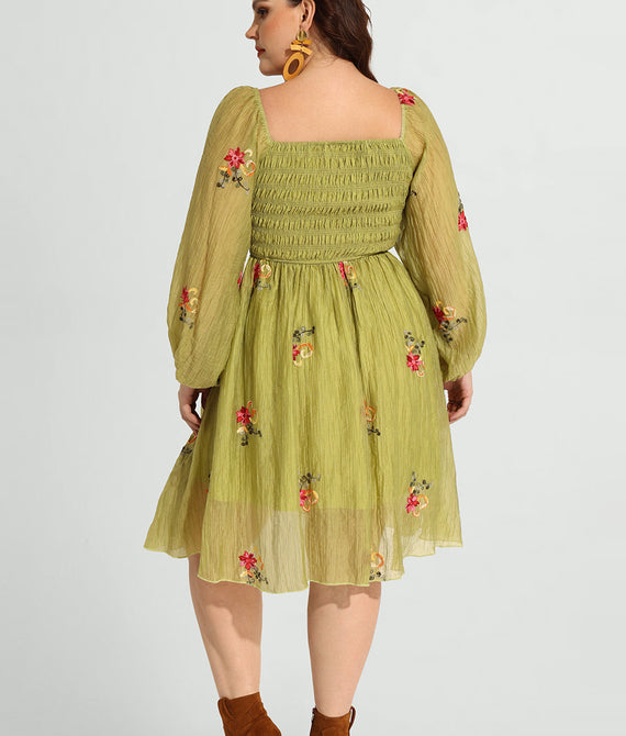 Embroidered Floral Shirred Square Neck A-line Midi Dress