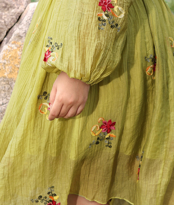 Embroidered Floral Shirred Square Neck A-line Midi Dress