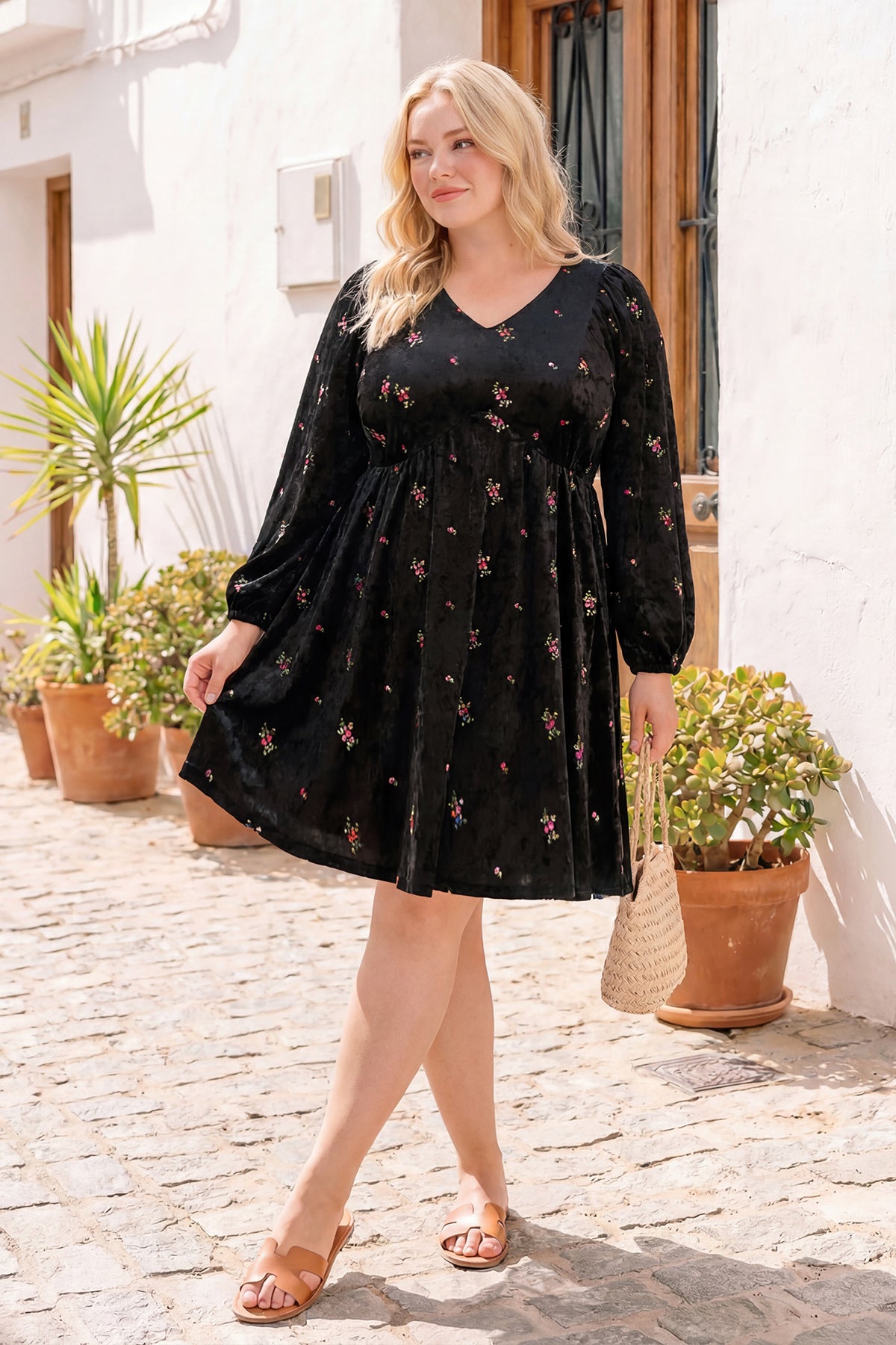 Pocket Velvet Floral Print Lantern Sleeve Mini Dress