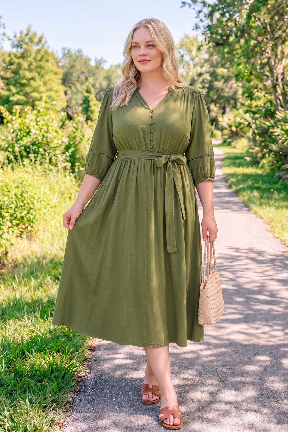 Ritera Pockets Adjustable Tie Waist Embroidered Details Green Midi Dress