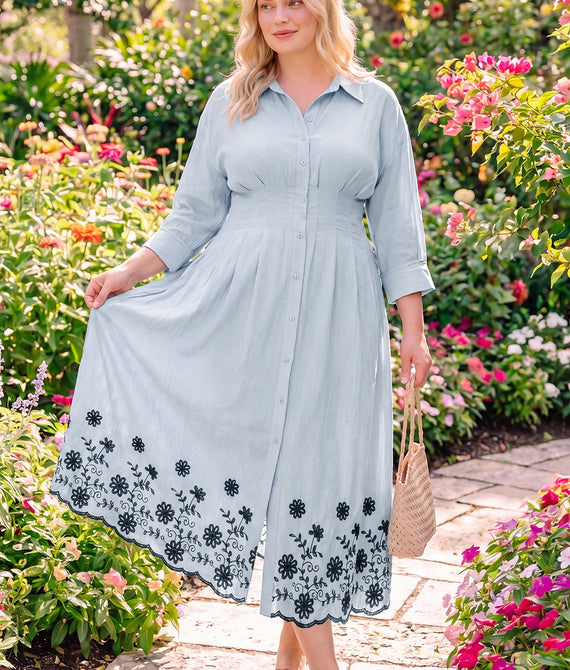 Floral Embroidery Pockets Shirt Collar Maxi Dress