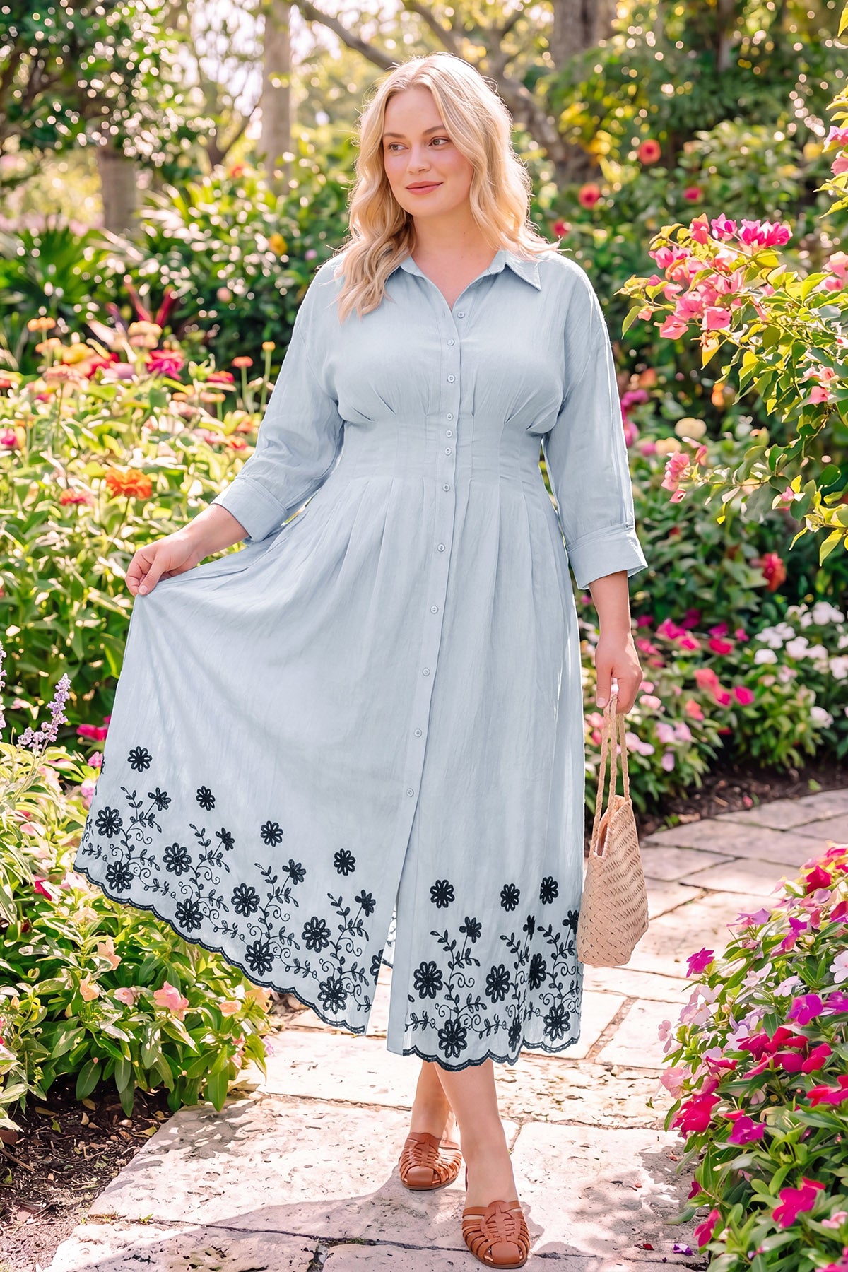 Floral Embroidery Pockets Shirt Collar Maxi Dress