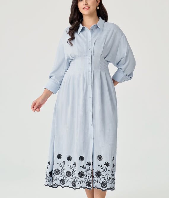 Floral Embroidery Pockets Shirt Collar Maxi Dress