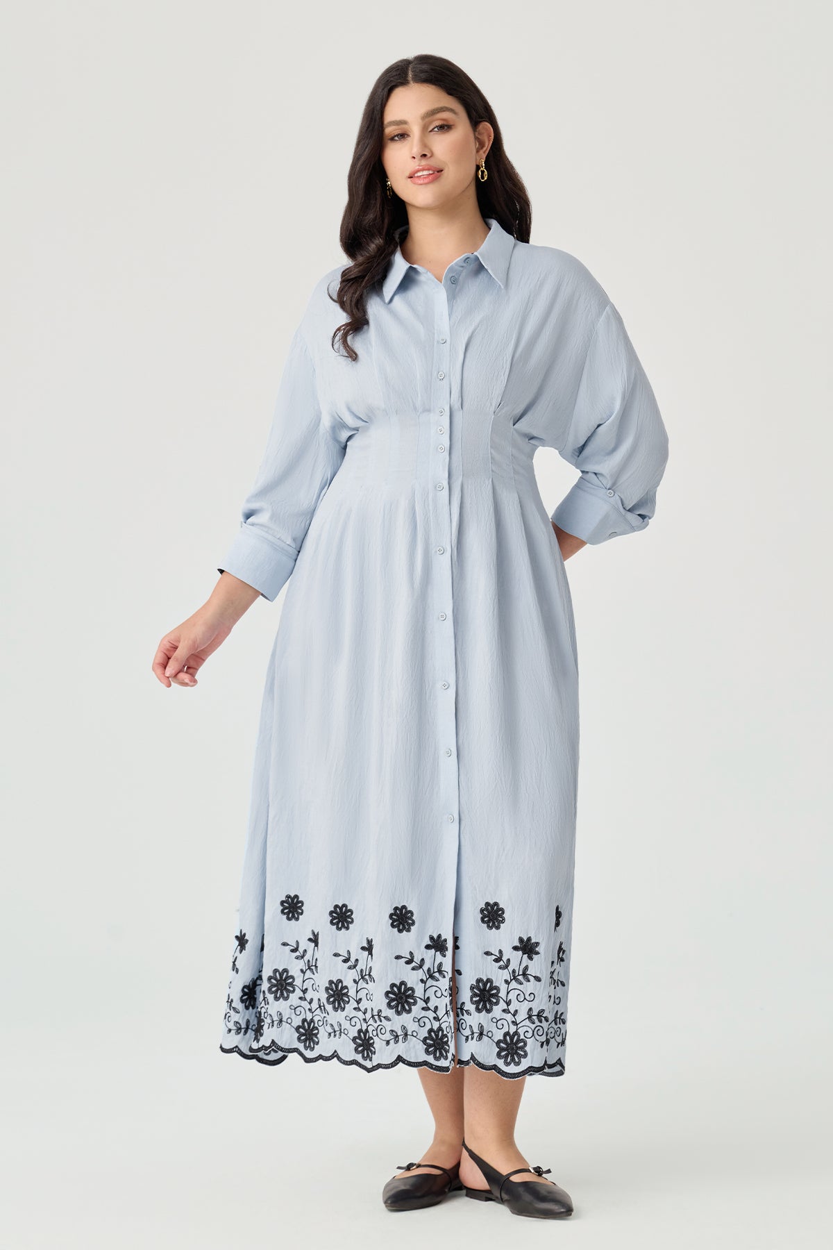 Floral Embroidery Pockets Shirt Collar Maxi Dress
