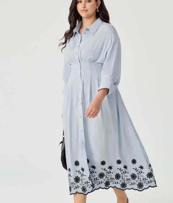 Floral Embroidery Pockets Shirt Collar Maxi Dress