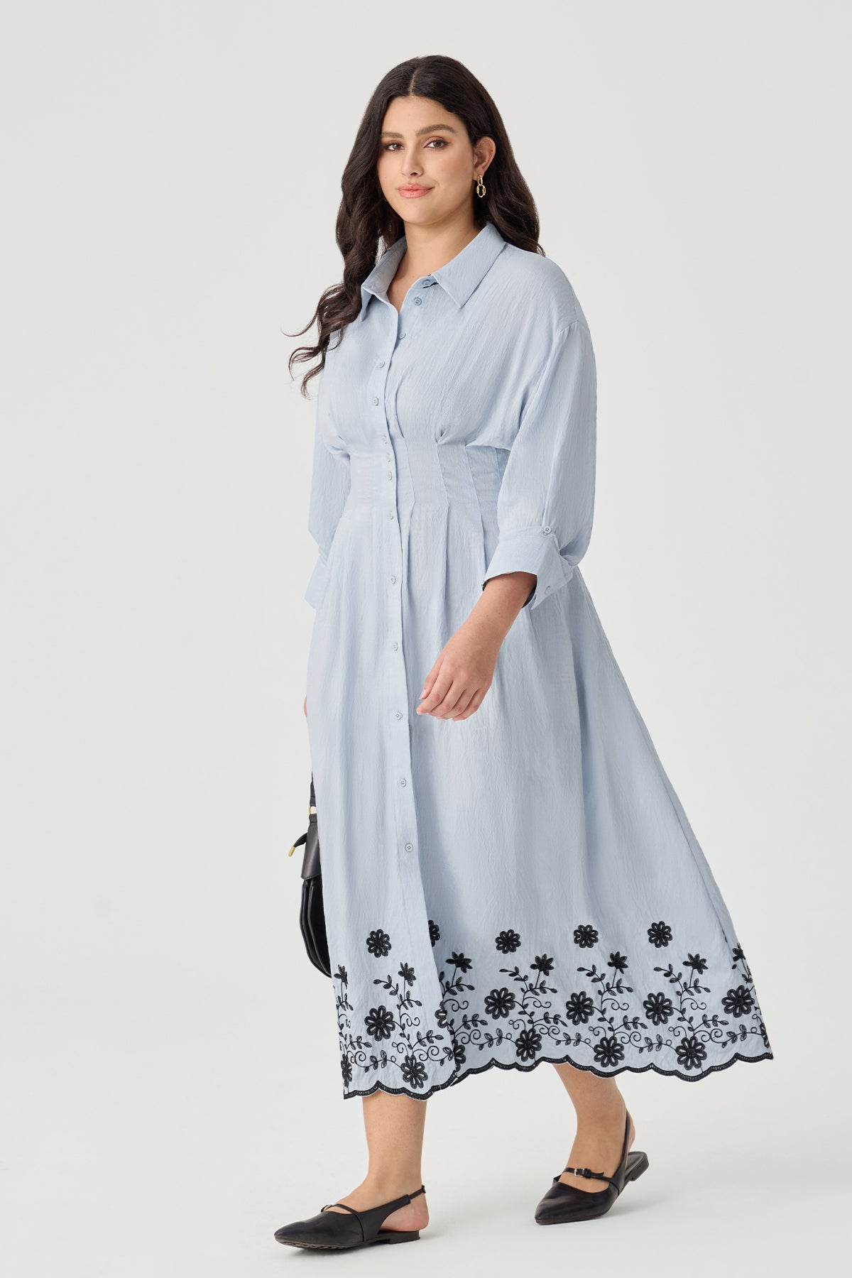 Floral Embroidery Pockets Shirt Collar Maxi Dress