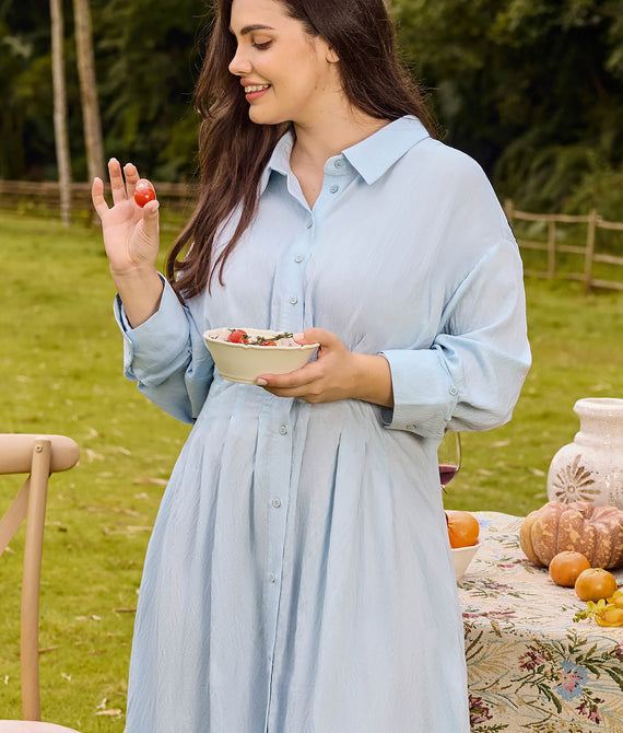 Floral Embroidery Pockets Shirt Collar Maxi Dress