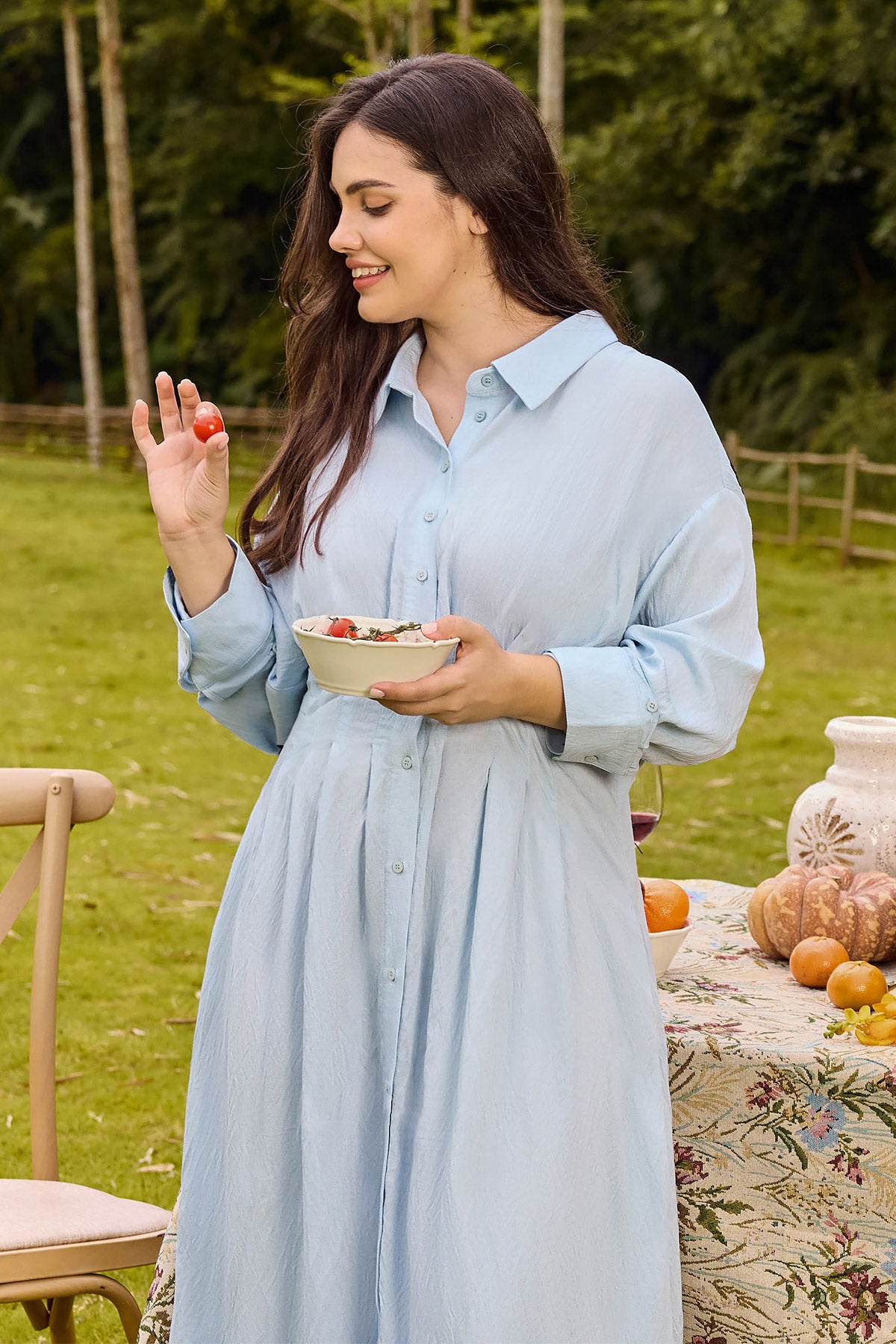 Floral Embroidery Pockets Shirt Collar Maxi Dress