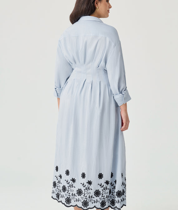 Floral Embroidery Pockets Shirt Collar Maxi Dress