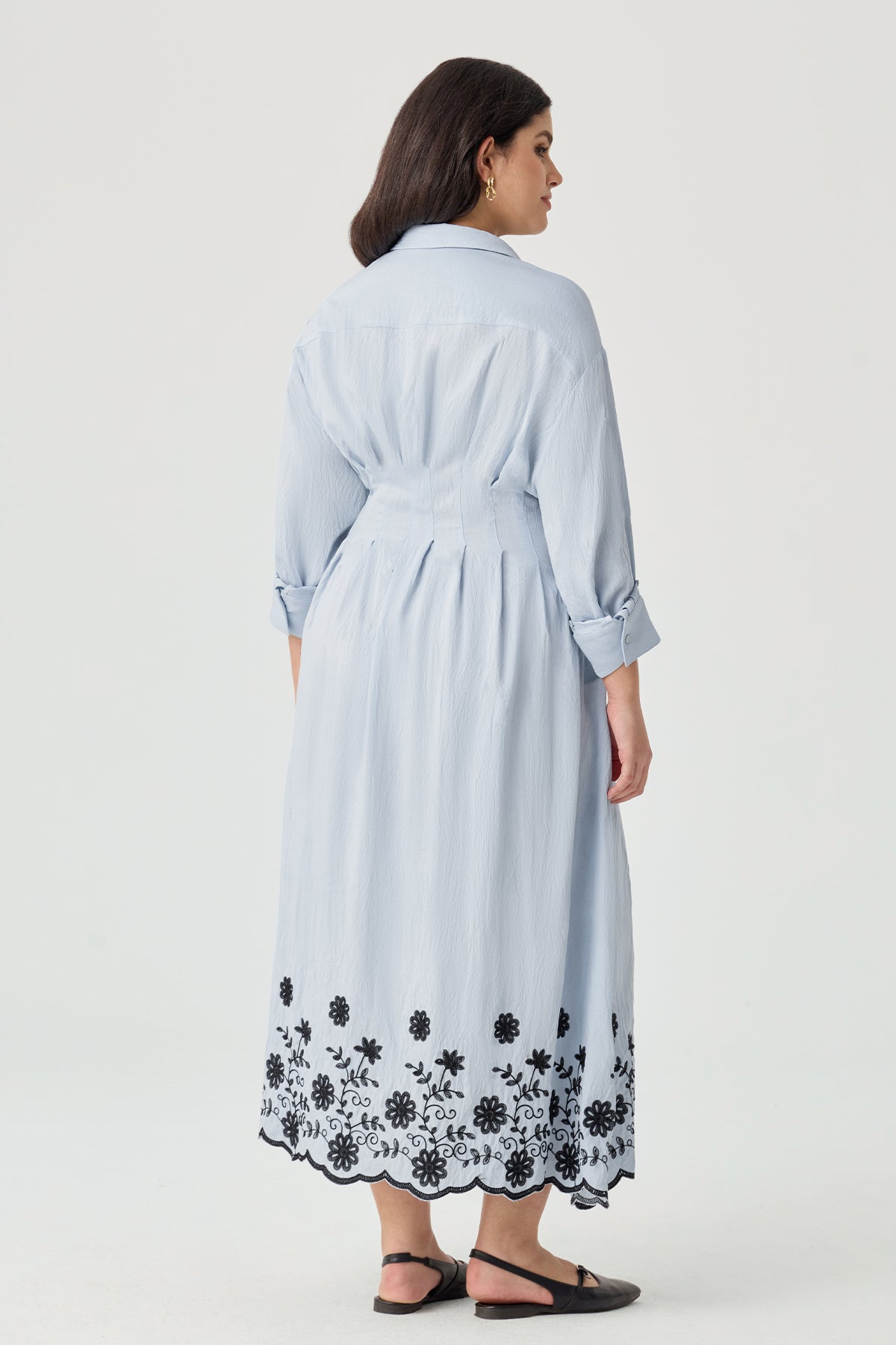 Floral Embroidery Pockets Shirt Collar Maxi Dress