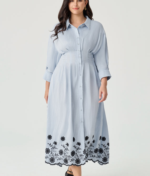 Floral Embroidery Pockets Shirt Collar Maxi Dress