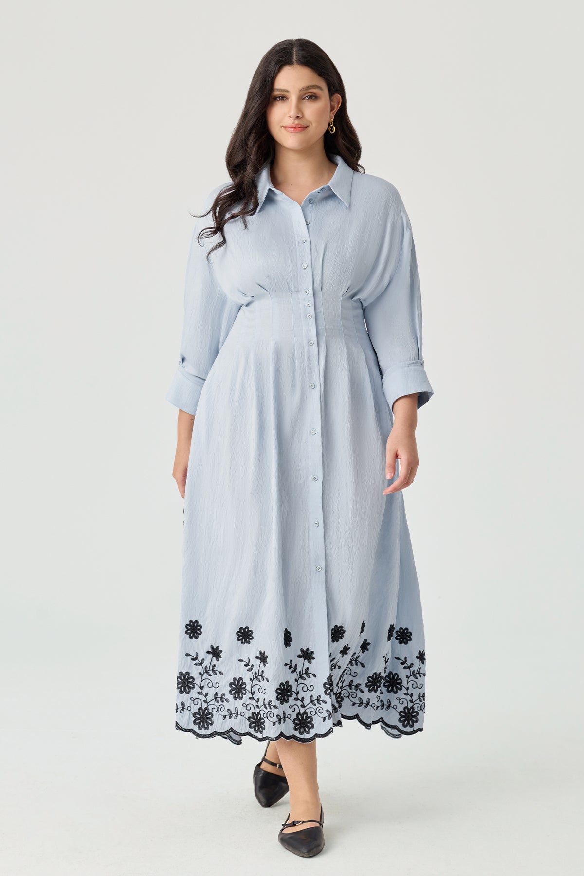 Floral Embroidery Pockets Shirt Collar Maxi Dress