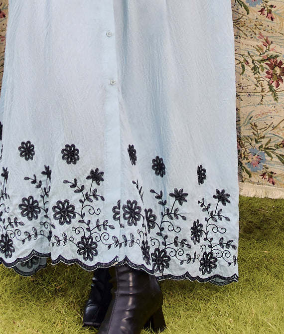 Floral Embroidery Pockets Shirt Collar Maxi Dress