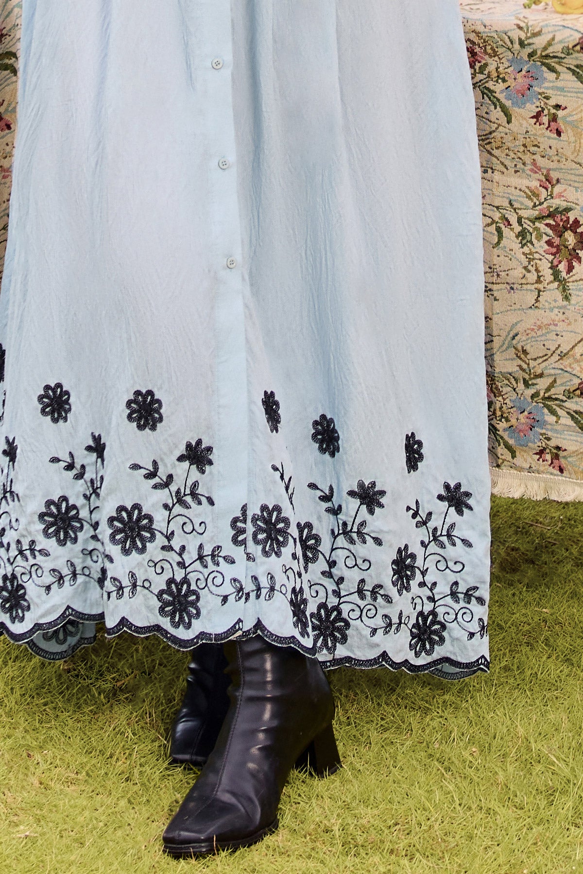 Floral Embroidery Pockets Shirt Collar Maxi Dress