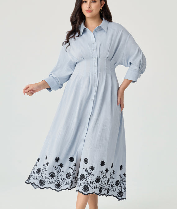 Floral Embroidery Pockets Shirt Collar Maxi Dress