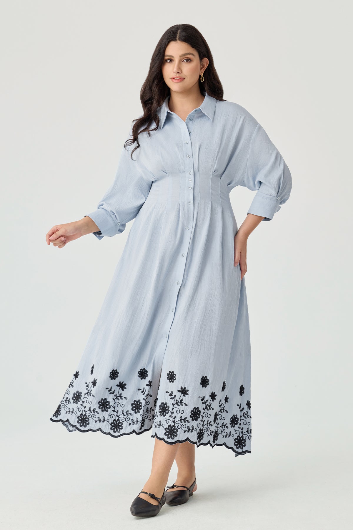 Floral Embroidery Pockets Shirt Collar Maxi Dress
