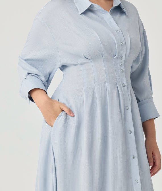 Floral Embroidery Pockets Shirt Collar Maxi Dress