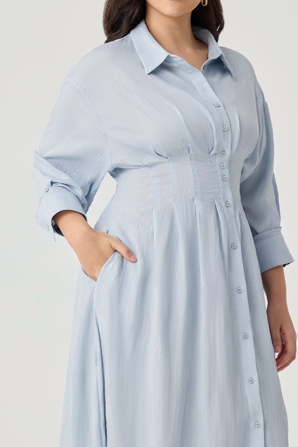 Floral Embroidery Pockets Shirt Collar Maxi Dress