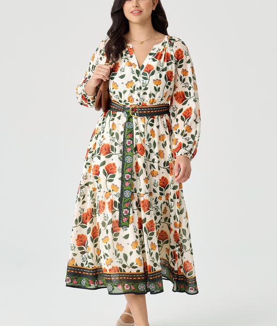 Boho Floral Maxi Dress with Reversible Belt