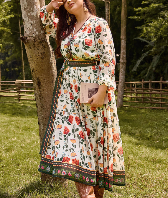 Boho Floral Maxi Dress with Reversible Belt